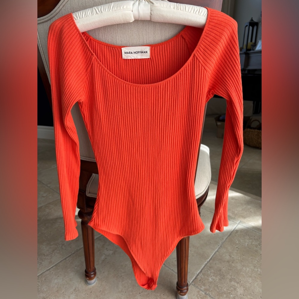 Mara Hoffman Ribbed Long Sleeve Bodysuit in Bright Orange